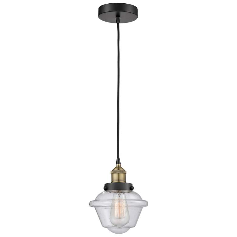 Image 1 Oxford 7.25" Wide Black Brass Corded Mini Pendant With Seedy Shade