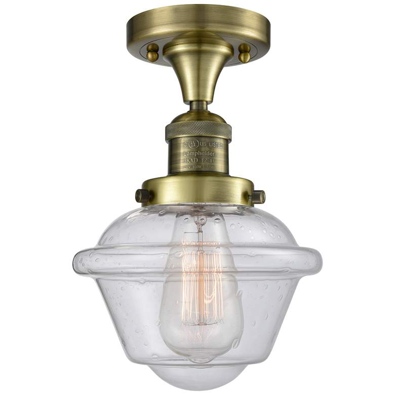 Image 1 Oxford 7.5" Wide Antique Brass Semi Flush Mount w/ Seedy Shade