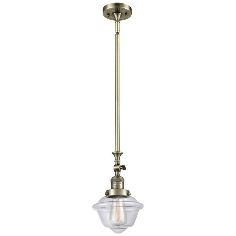 Image 1 Oxford 7.5" Wide Antique Brass Stem Hung Mini Pendant w/ Clear Shade