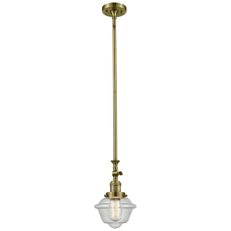 Image 1 Oxford 7.5" Wide Antique Brass Stem Hung Mini Pendant w/ Seedy Shade