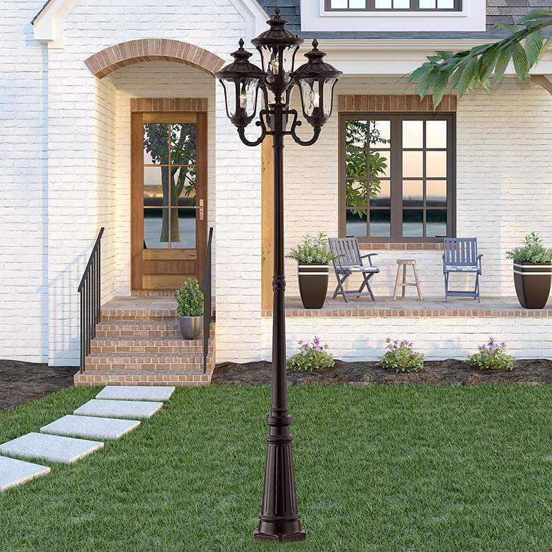 Image 1 Oxford 93" High Bronze 4-Head Outdoor Post Light with Base