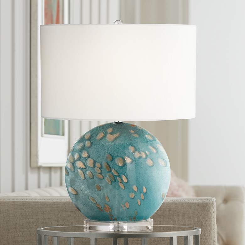 Image 1 Pacific Coast Lighitng 23" Calypso Blue Sea Round Art Glass Table Lamp