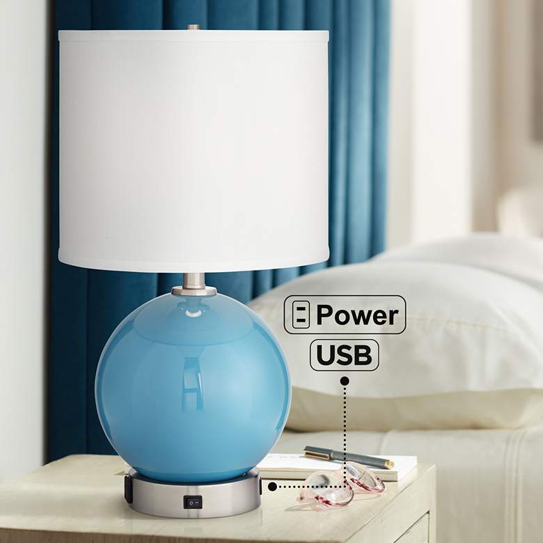 Image 1 Pacific Coast Lighting Aquarius Blue Glass Sphere Outlet and USB Table Lamp