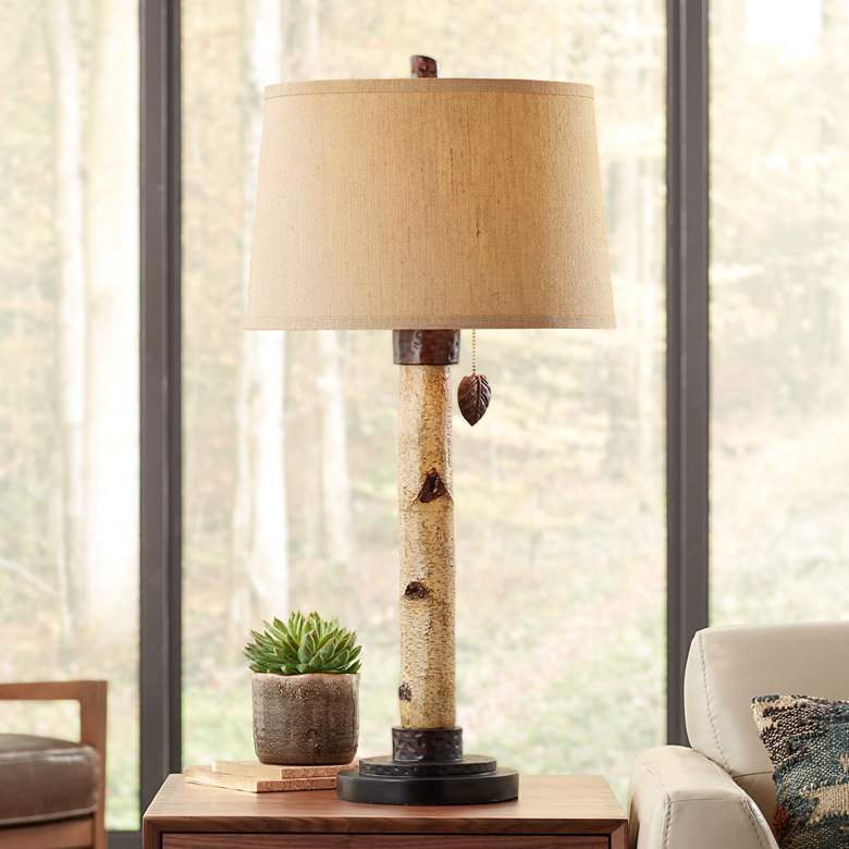 Image 1 Pacific Coast Lighting Birch Tree Rustic Column Table Lamp with Pull Chain