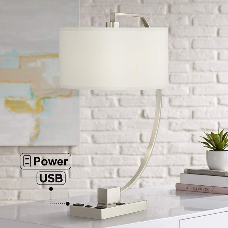 Image 1 Pacific Coast Lighting Blanco Nickel Arc USB Port and Outlets Table Lamp