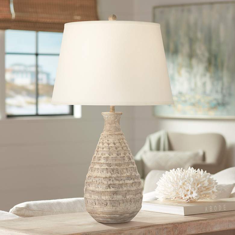 Image 1 Pacific Coast Lighting Carlin 31 inch Carved Faux Wood Jar Table Lamp