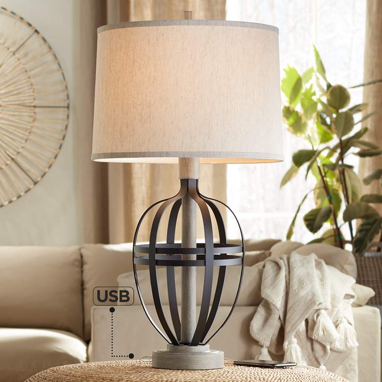 Image 1 Pacific Coast Lighting Crestfield Cove Black Cage USB Table Lamp