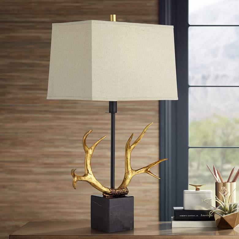 Image 1 Pacific Coast Lighting Golden Antlers Rustic Table Lamp with Marble Accent