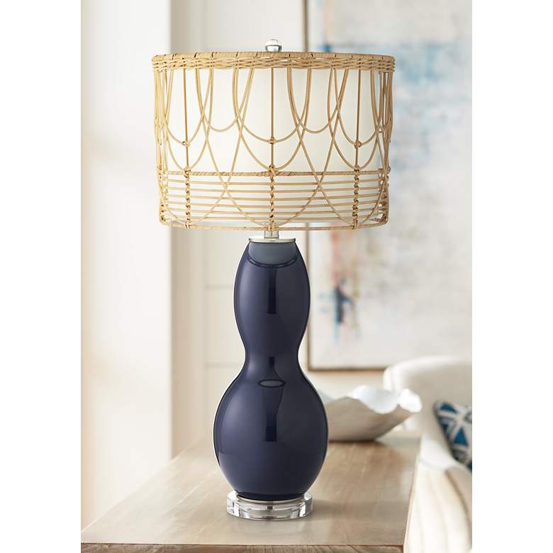 Image 1 Pacific Coast Lighting Mila Blue Glass Table Lamp with Draped Rattan Shade