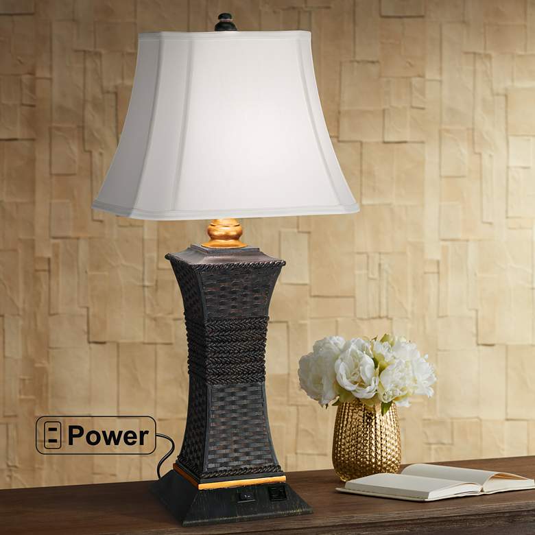 Image 1 Pacific Coast Lighting Rattan Rope Workstation Outlet Socket Table Lamp