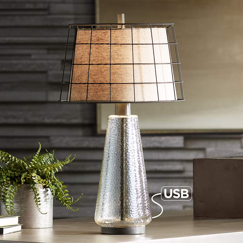 Image 1 Pacific Coast Lighting Tristan Seeded Glass USB Lamp with Cage Double Shade