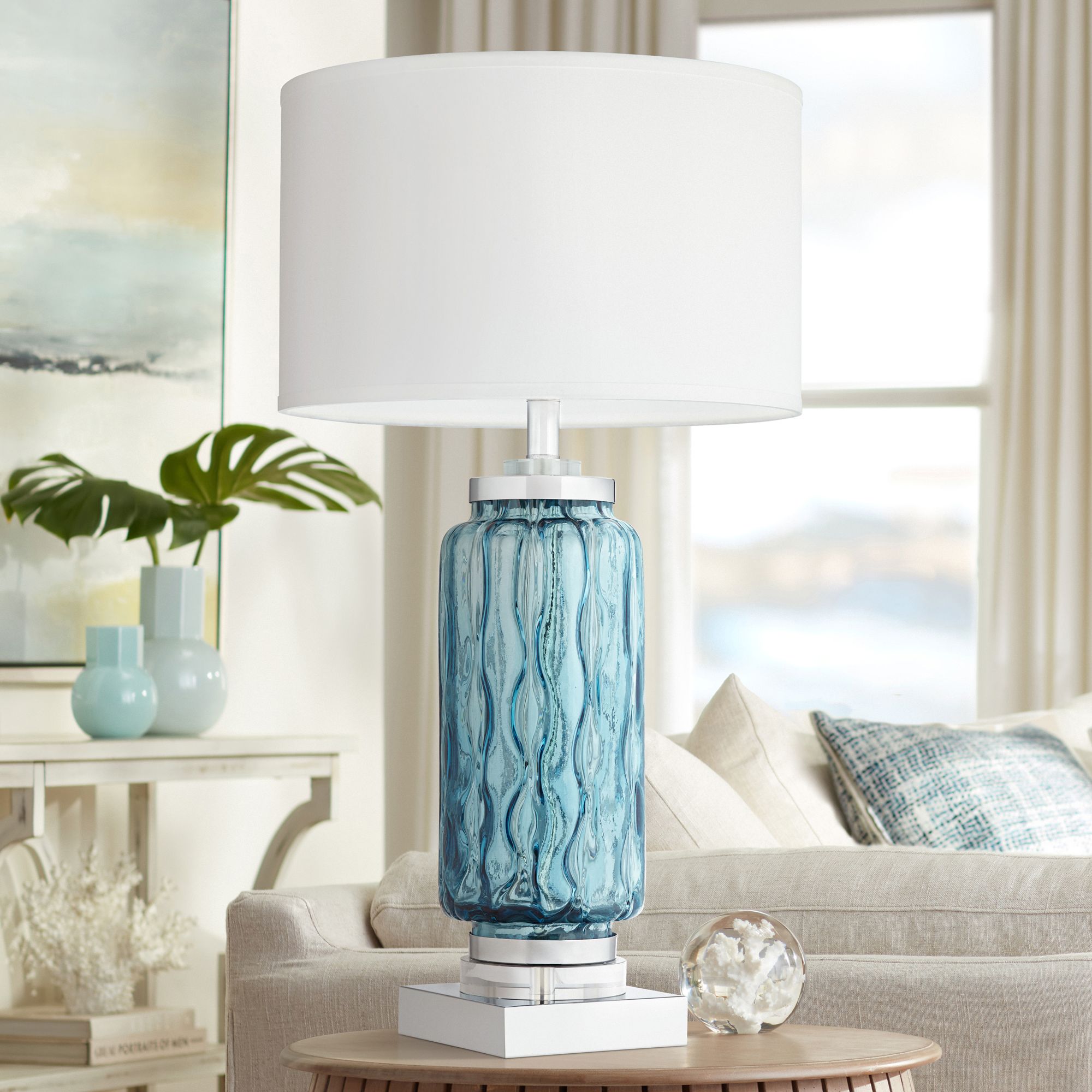 2 store small blue green glass coastal table lamps