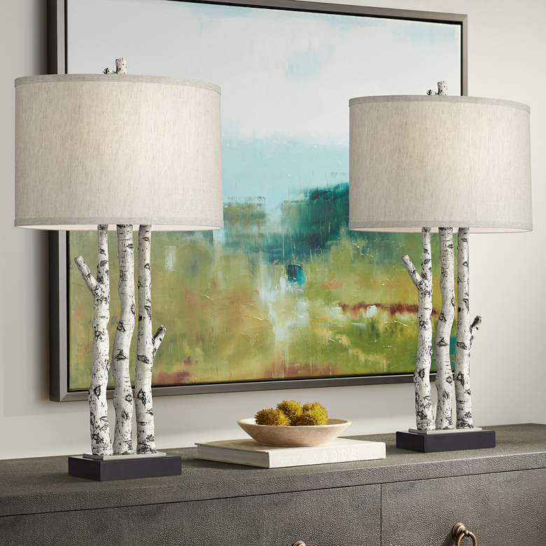 Image 1 Pacific Coast Lighting White Forest Rustic Birch Tree Table Lamps Set of 2