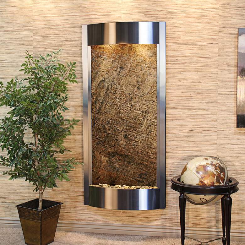 Image 1 Pacifica Waters 69 inch Steel &amp; Green Stone Modern Wall Fountain