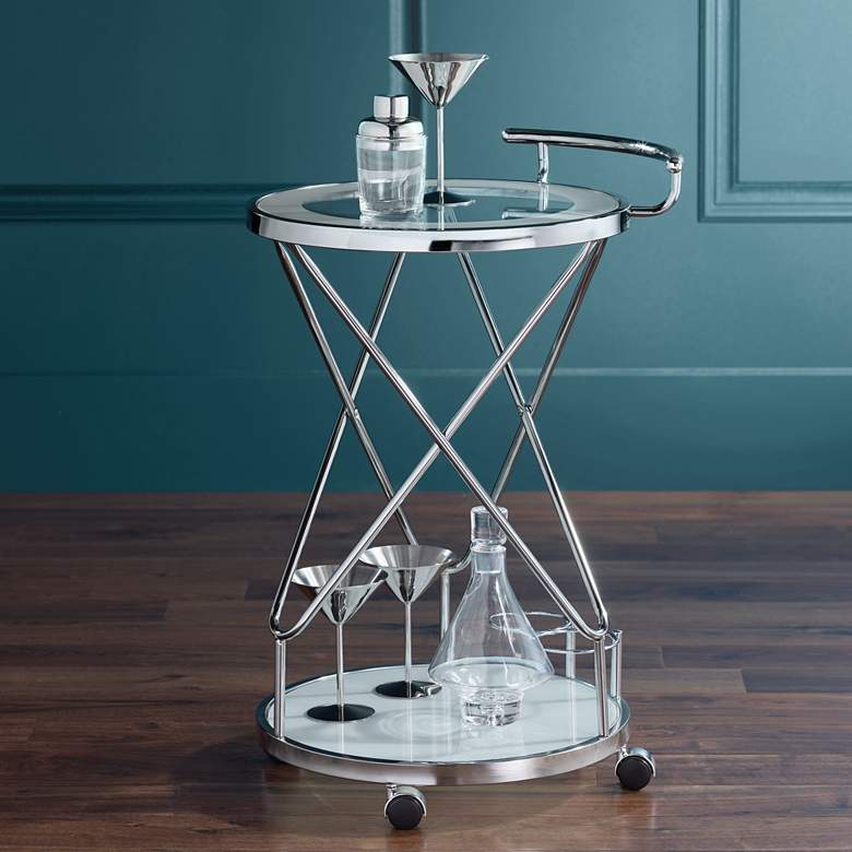 Image 2 Page 29 1/2 inch High Glass and Chrome Rolling Serving Bar Cart