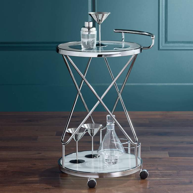 Image 2 Page 29 1/2" High Glass and Chrome Rolling Serving Bar Cart