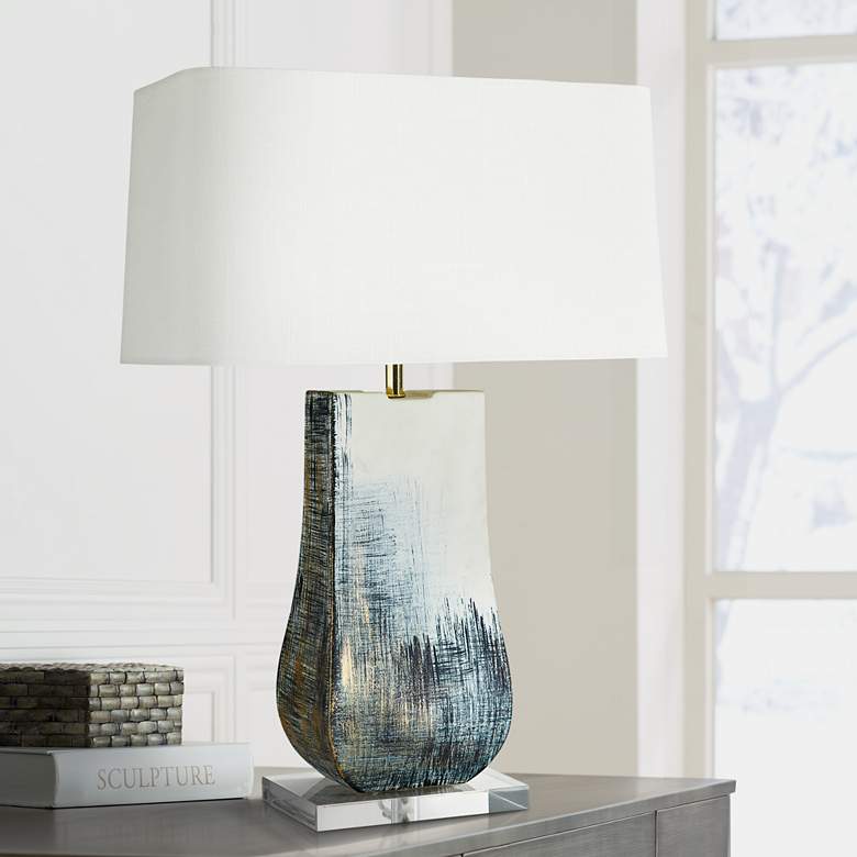 Image 1 Page Satin Greige and Denim Linen Porcelain Table Lamp
