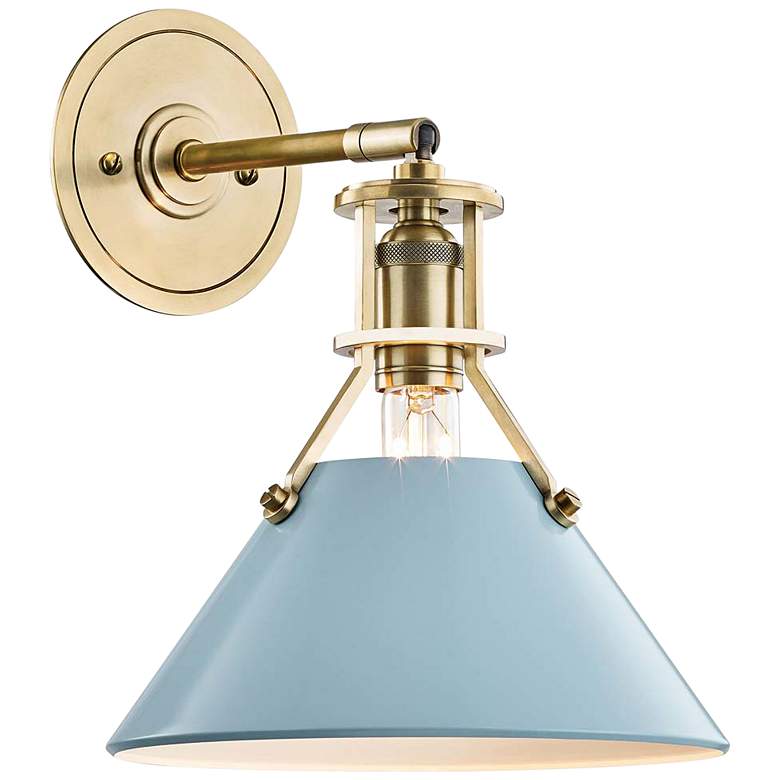 Image 1 Painted No.2 11"H Aged Brass Wall Sconce w/ Blue Bird Shade