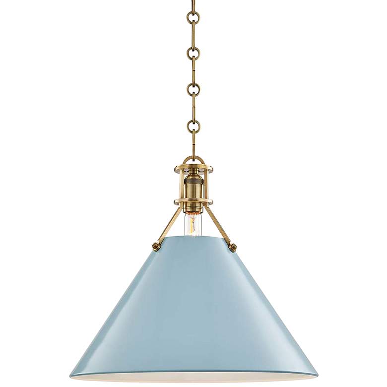 Image 2 Painted No.2 16"W Aged Brass Pendant with Blue Bird Shade