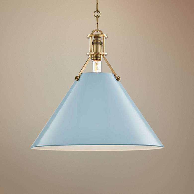 Image 1 Painted No.2 16"W Aged Brass Pendant with Blue Bird Shade