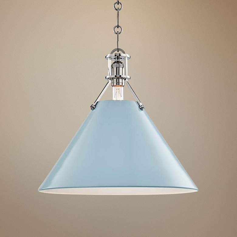 Image 1 Painted No.2 16"W Polished Nickel Pendant w/ Blue Bird Shade