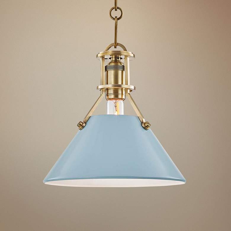 Image 1 Painted No.2 9 1/2"W Brass Mini Pendant w/ Blue Bird Shade