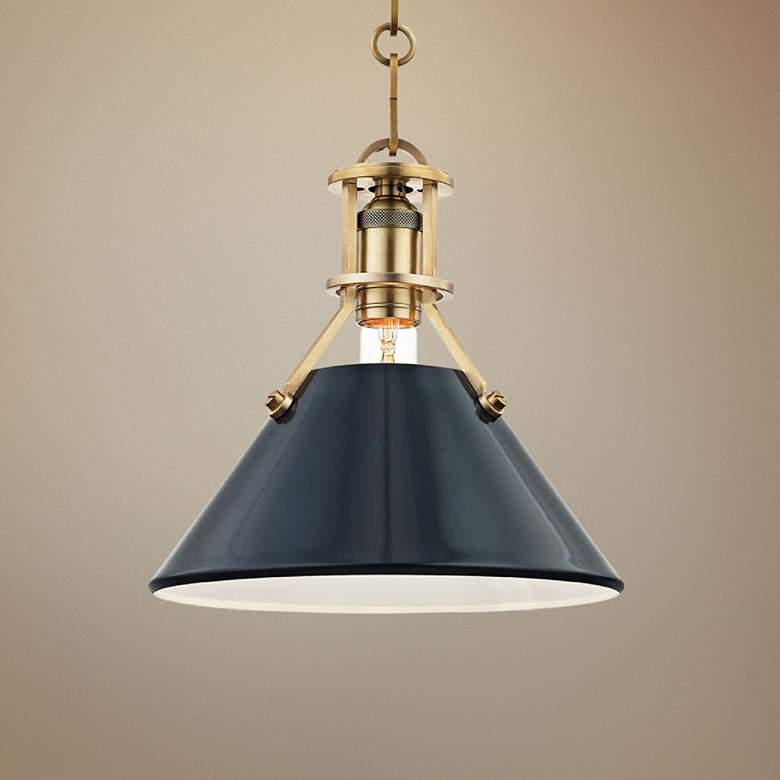Image 1 Painted No.2 9 1/2"W Brass Mini Pendant w/ Dark Blue Shade