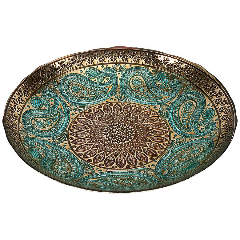 Image 1 Paisley Peacock Blue and Gold 16 inch Wide Decorative Glass Bowl