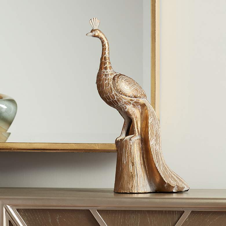 Image 2 Paisley Wing Peacock 13 1/2" High Shiny Gold Statue