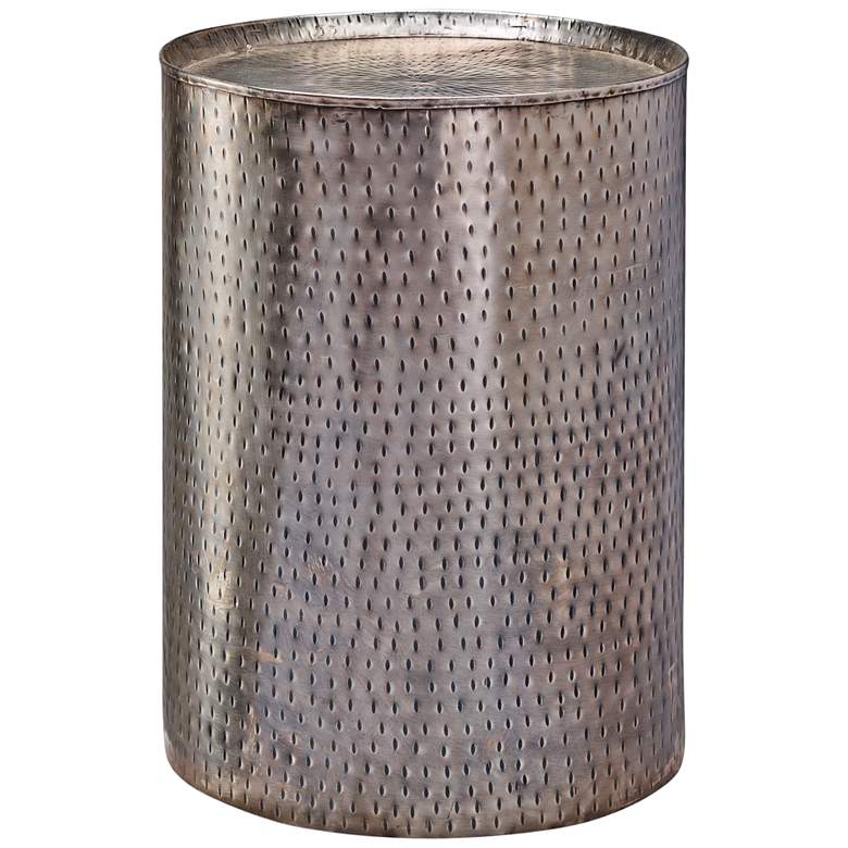 Image 1 Pala 18"W Distressed Pewter Hammered Metal Barrel End Table