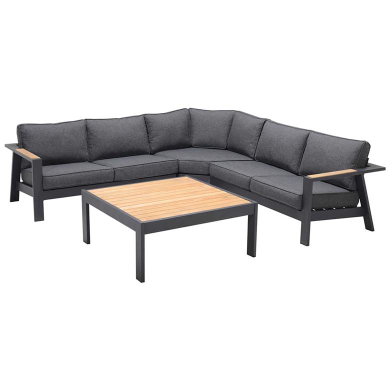 Image 1 Palau 4 Piece Outdoor Sectional Set in Dark Grey and Natural Teak Accent