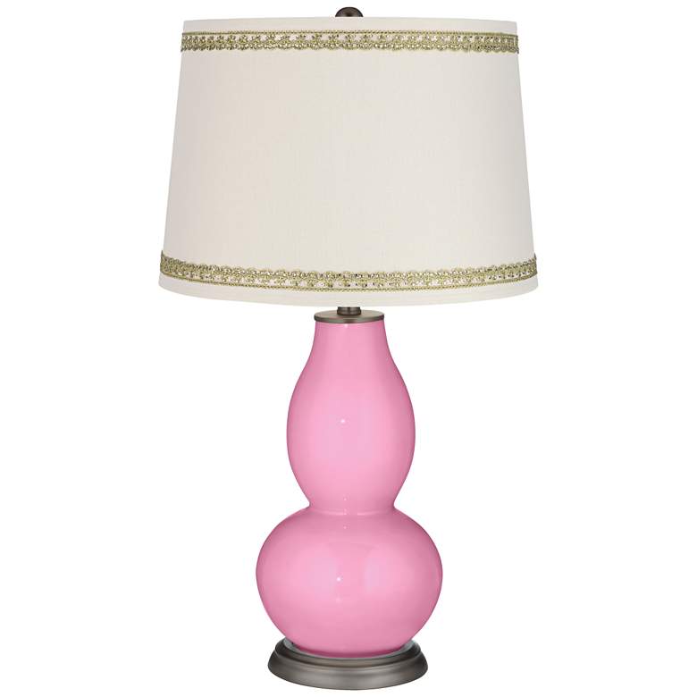 Image 1 Pale Pink Double Gourd Table Lamp with Rhinestone Lace Trim