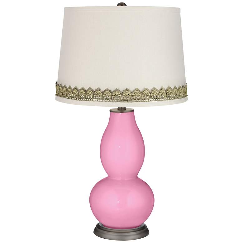 Image 1 Pale Pink Double Gourd Table Lamp with Scallop Lace Trim