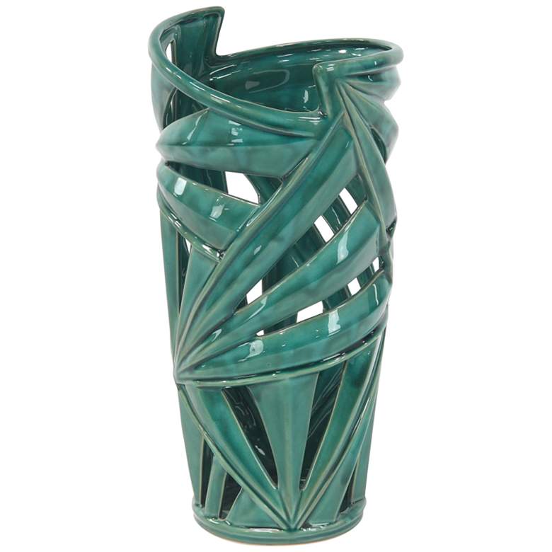 Image 2 Palm Leaf 16 inch High Emerald Green Stoneware Decorative Jar