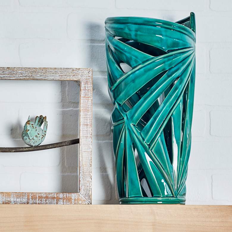 Image 1 Palm Leaf 16" High Emerald Green Stoneware Decorative Jar