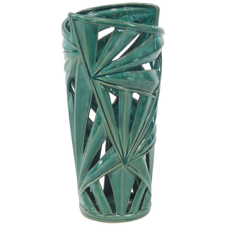 Image 4 Palm Leaf 16" High Emerald Green Stoneware Decorative Jar more views
