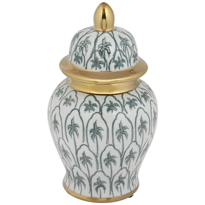 Image 1 Palm Tree White and Green 10 1/2 inchH Decorative Jar with Lid