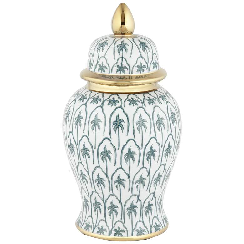 Image 1 Palm Tree White and Green 14 1/2"H Decorative Jar with Lid