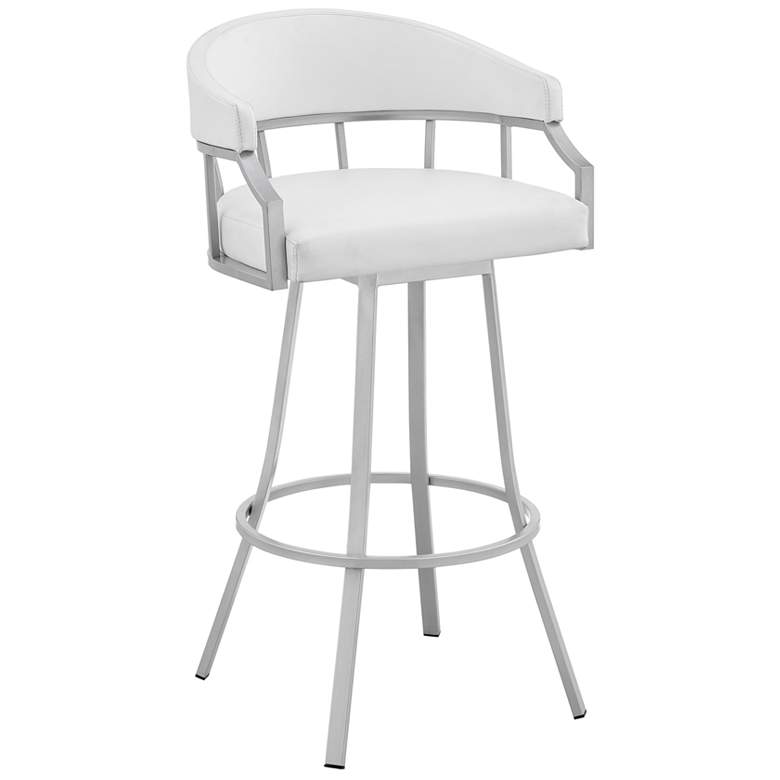 Image 1 Palmdale 30 in. Swivel Barstool in Silver Finish with White Faux Leather