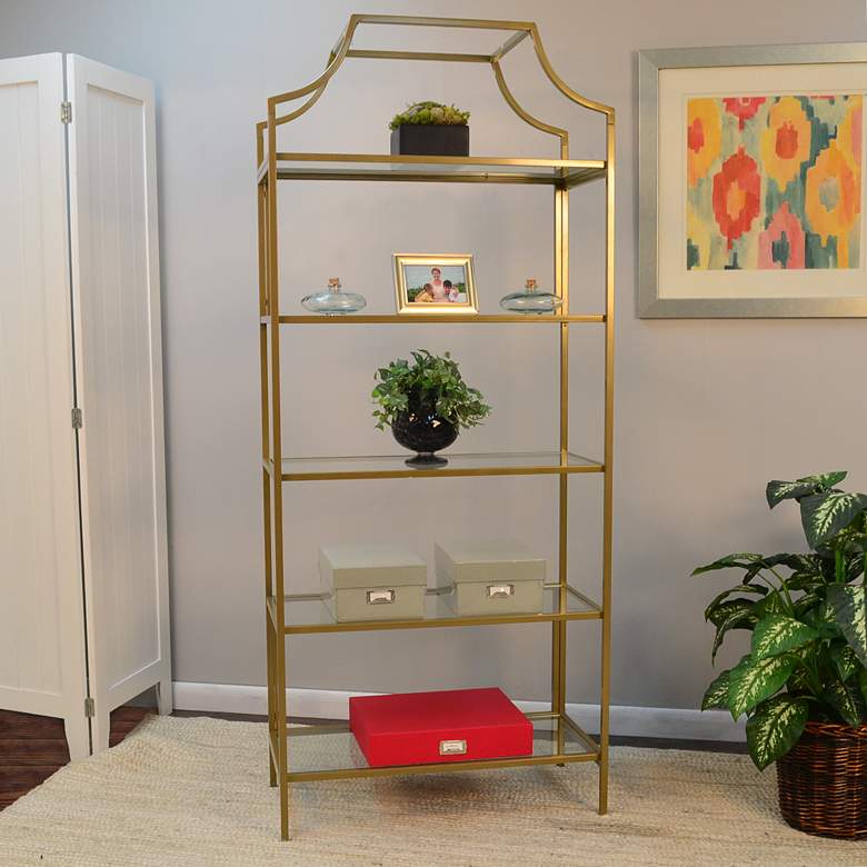 Image 1 Palmer 30" Wide Tempered Glass Gold Metal 5-Tier Bookcase