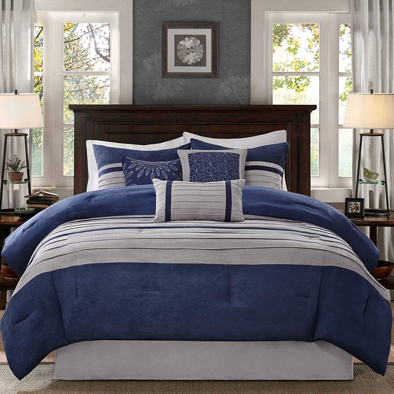 Image 2 Palmer Blue and Gray Pieced Faux Suede Queen 7-Piece Comforter Set