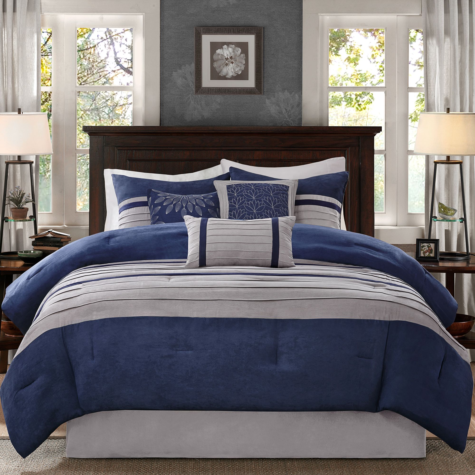 gray and blue comforter