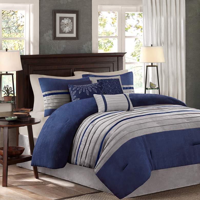 Image 1 Palmer Blue and Gray Pieced Queen 7-Piece Comforter Set