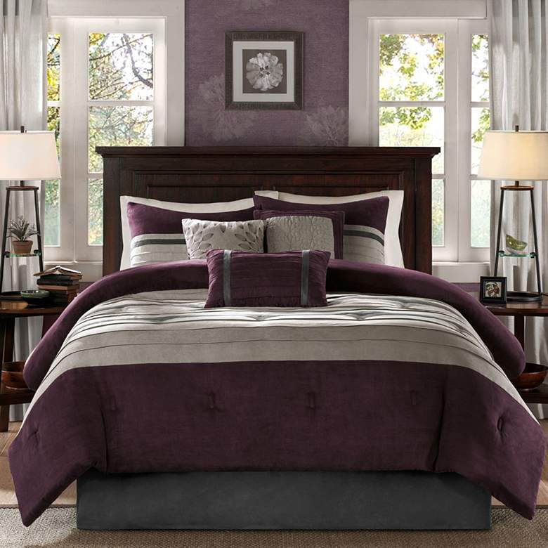 Image 2 Palmer Purple Pieced Faux Suede Queen 7-Piece Comforter Set