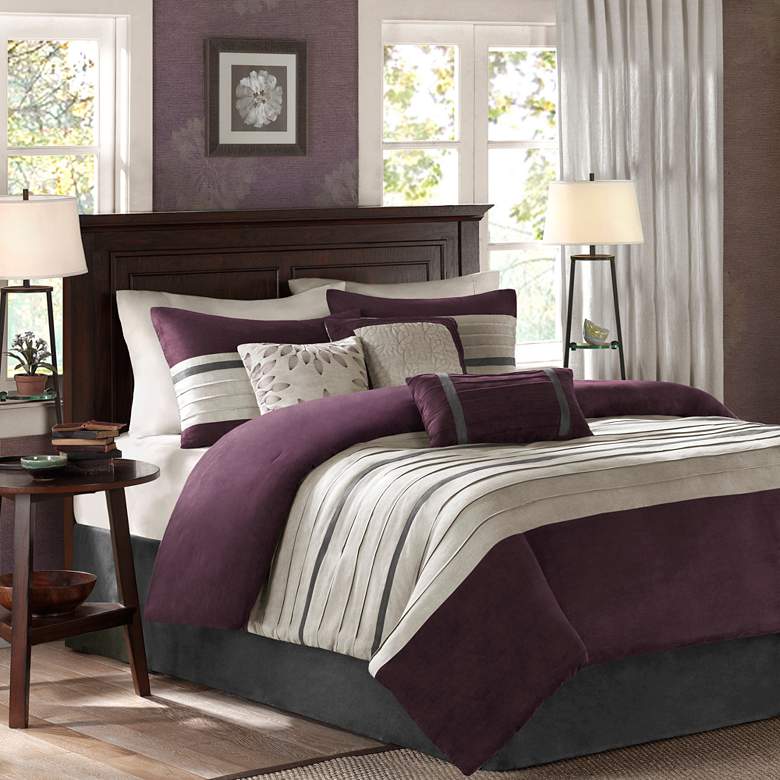 Image 1 Palmer Purple Pieced Faux Suede Queen 7-Piece Comforter Set