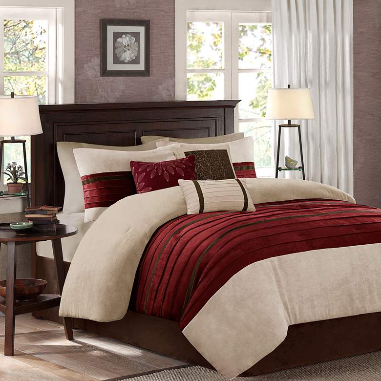 Image 2 Palmer Red and Brown Faux Suede Pieced Queen 7-Piece Comforter Set