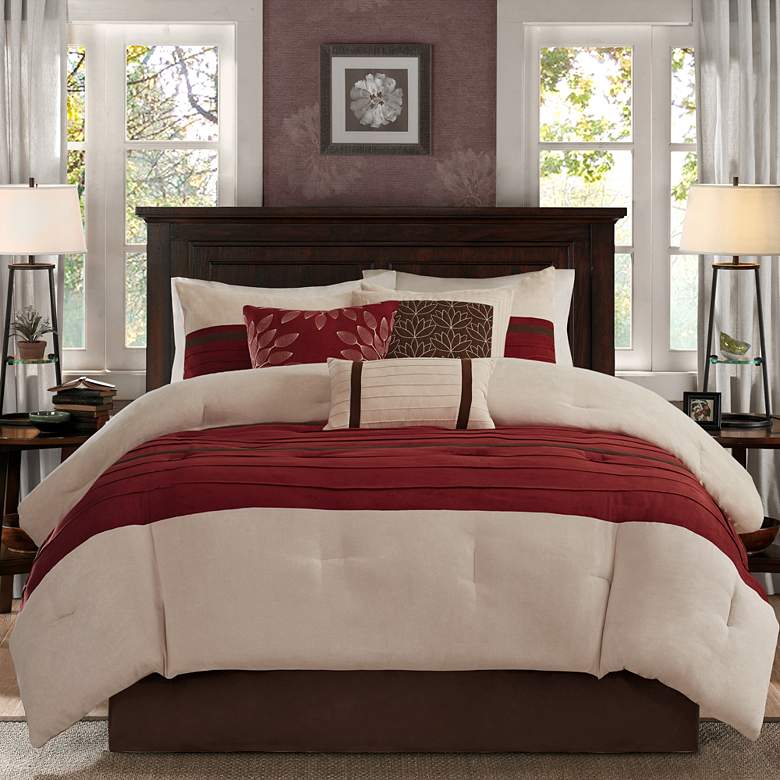 Image 1 Palmer Red and Brown Faux Suede Pieced Queen 7-Piece Comforter Set