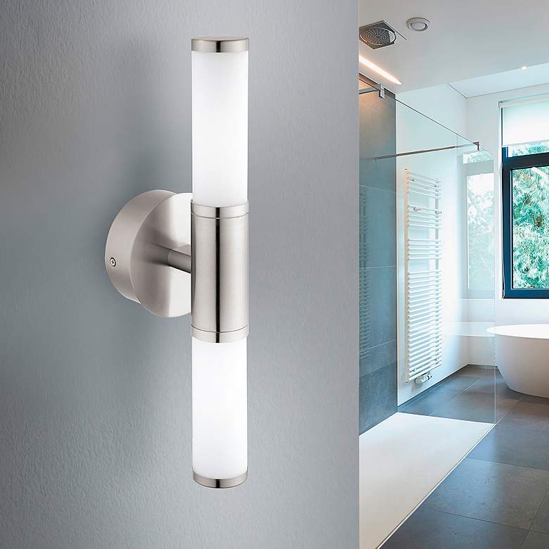 Image 1 Palmera 1 - 2-Light LED Vanity Wall Light - Satin Nickel - Opal Glass