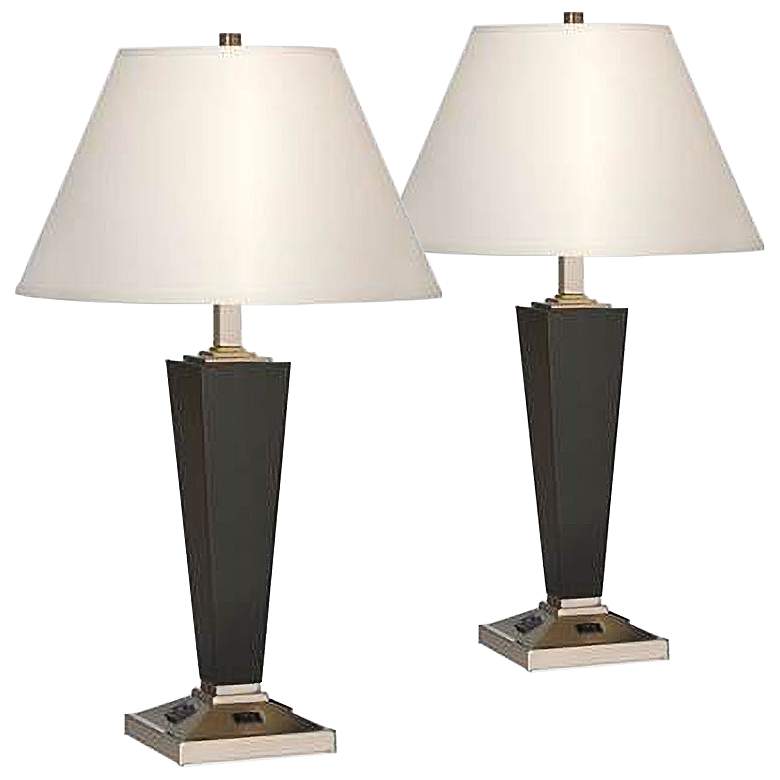 Image 1 Palumbo Metallic Black Table Lamp Set of 2 With Built In 3-Prong Outlets
