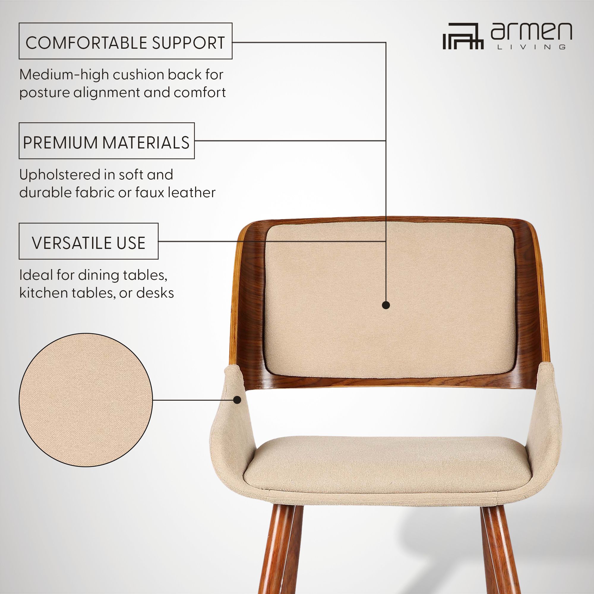Panda Dining Chair in Brown Fabric and Walnut Finish